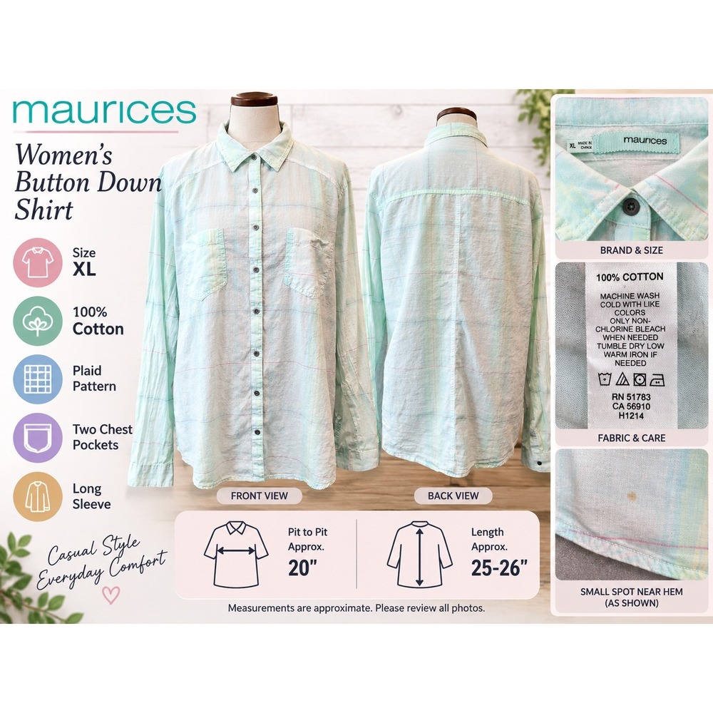 Maurices Womens XL Button Down Shirt Mint Green Pastel Plaid 100% Cotton LS
